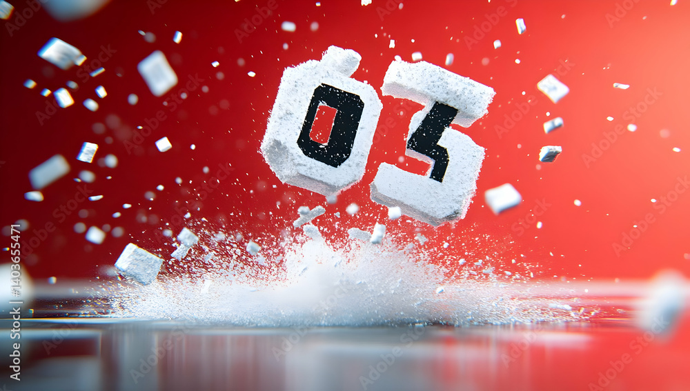 Poster white sugar cubes forming number zero four exploding on red backdrop in pixelated 3d render