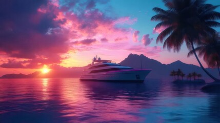 夕焼け空の下の海に浮かぶ豪華ヨットとヤシの木のある南国の風景写真