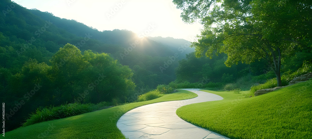 Poster winding path through lush green landscape with sunlight filtering through trees on a sunny day featu