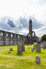 Fototapeta premium The ruins of St Andrews Cathedral overlook the sea, surrounded by ancient tombs and old stone walls. A peaceful, sacred place filled with religious history and timeless beauty. Endless architecture.