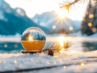 Winter Landscape in Snow Globe with Fir Branch on Wooden Surface and Bokeh Lights at Sunset
