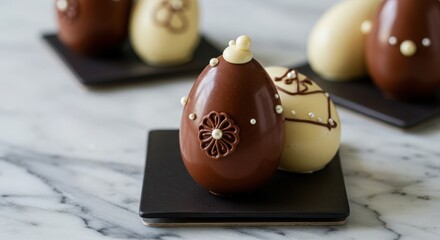A high-detail macro shot of artisanal chocolate and vanilla eggs with intricate sugar decorations on a black dish against a marble background highlighting gourmet elegance