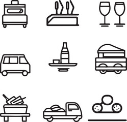 Set of 9 Catering icons minimalist line drawings car