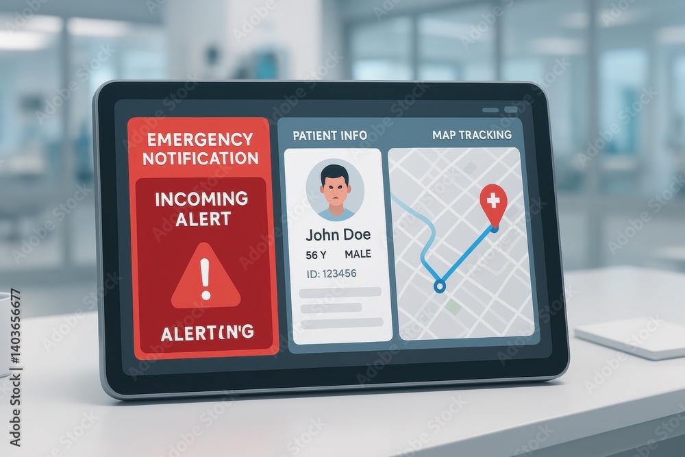 Poster alert notification on smart device: a modern smart device screen displays an urgent emergency notifi