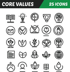 Set of 25 modern line icons representing core values.