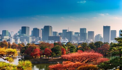 Obraz premium view of contrasting city skyline and japanese red pine trees near the imperial palace of tokyo tokyo honshu japan