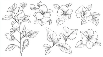 A collection of detailed floral sketches featuring blossoms and leaves in monochrome art style