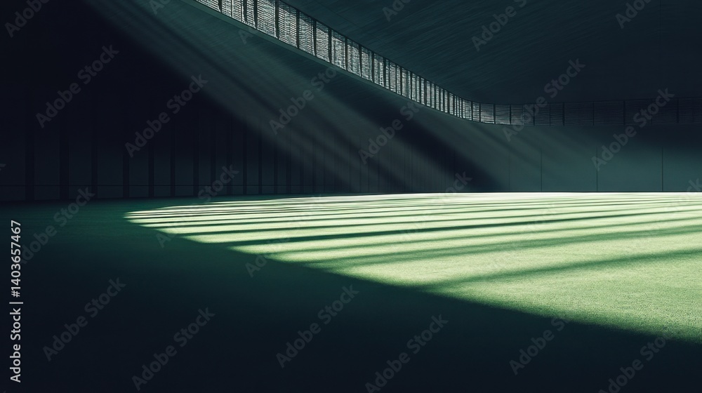 Poster darkly empty arena with shadows from the stands stretching across the field