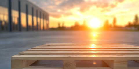 Wooden Pallet Against Sunset Sky at Industrial Building in Warm Golden Light