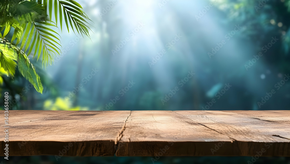Poster wooden table surface with blured forest background and sunlight beams casting through trees in a gre