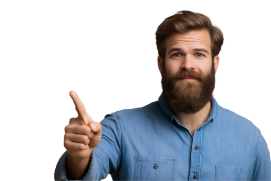 Serious Man in Blue Shirt Pointing with Intent on a Black Background