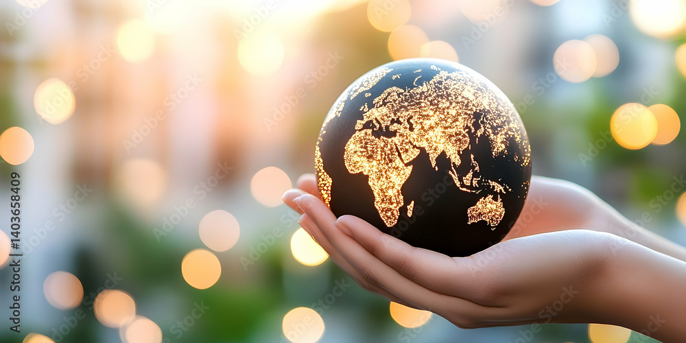 Poster world in hands a glowing globe over soft bokeh background representing care protection and global in