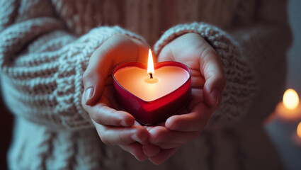Gentle hands cradling a heart-shaped candle, a symbol of warmth, hope, and remembrance in a cozy, dimly lit setting.