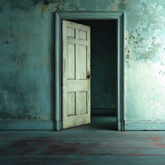 An old and open wooden door inside a dilapidated room, inviting a journey into the unknown. The scene evokes a sense of mystery and decay