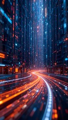 Obraz premium Nightscape of a futuristic smart city gleaming with a network of lights and data flowing through illuminated highways, reflecting the integration of advanced technology and modern urban infrastructure