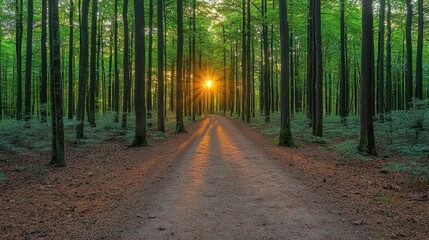 Obraz premium Sunset Forest Path: A Serene Woodland Walk at Golden Hour