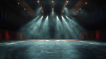 Empty and dark arena with only a few light spots illuminating parts of the floor