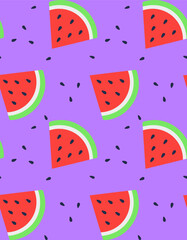 Abstract Hand Drawing Cute Watermelon Slices and Seeds Seamless Vector Pattern Isolated Background