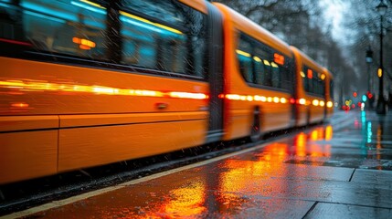 Naklejka premium Rainy Cityscape: Blurry Orange Bus in Motion