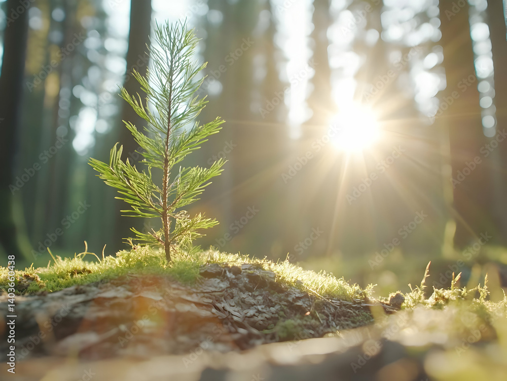Poster young tree sprout illuminated by sunlight in a lush forest scene with green moss and bokeh backgroun