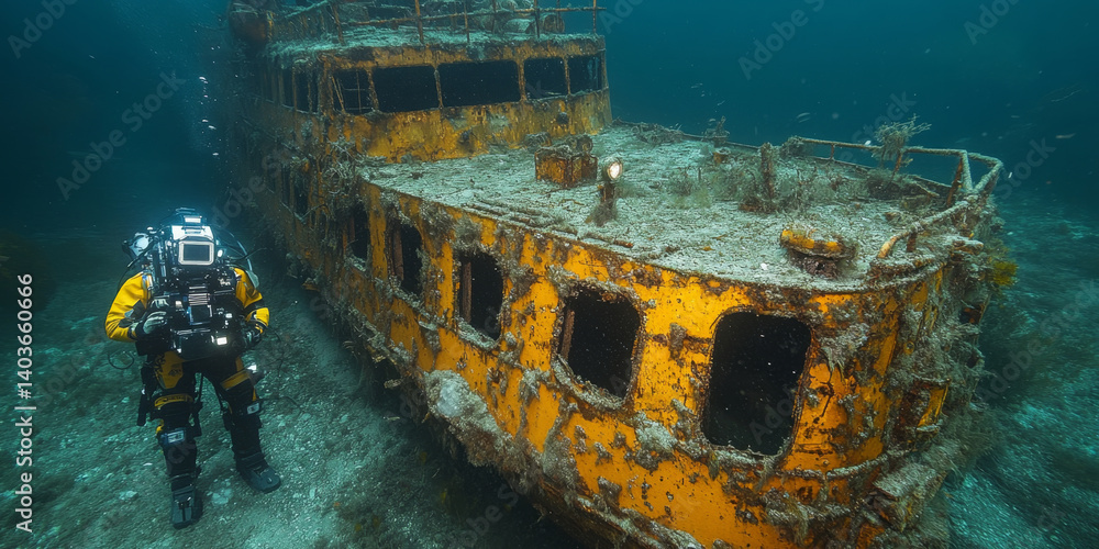 Poster a diving robot investigates a sunken vessel resting on the ocean floor. the robot captures details o