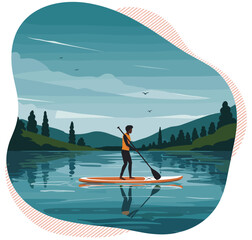 Black man doing stand up paddle by the lake. Minimalist flat design vector
