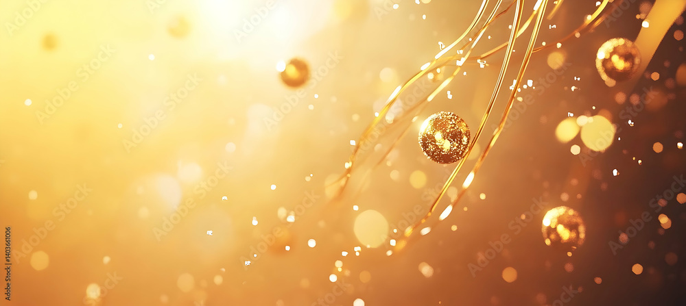 Poster abstract background featuring golden metal balls and spiraling lines with a bokeh effect for luxurio