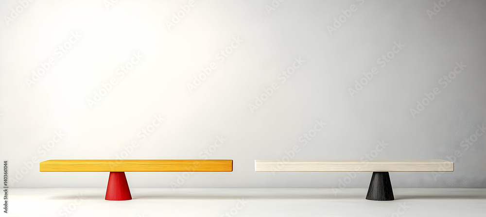 Poster abstract balance featuring red and yellow pawn figures in a minimalist studio setting