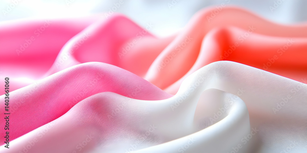 Poster abstract background of smooth pink and white satin fabric with gentle waves and soft texture