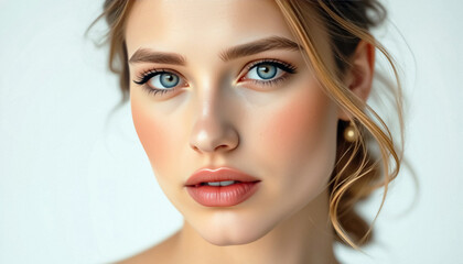 Fototapeta premium Close up of beautiful woman with light skin blue eyes and natural makeup on plain background