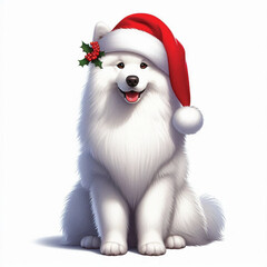 Obraz premium Christmas Samoyed Dog wearing santa claus hat Cartoon Vector Illustration isolated