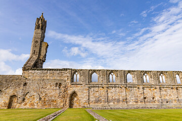 The ruins of St Andrews Cathedral overlook the sea, surrounded by ancient tombs and old stone...