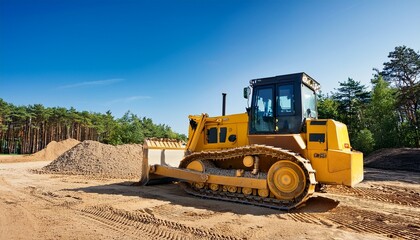 Obraz premium yellow bulldozer with a front blade and caterpillar tracks itrs situated in an area with piles of dirt or sand surrounded by trees and a clear blue sky