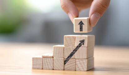 Obraz premium Hand stacking wooden blocks with arrows, symbolizing growth.