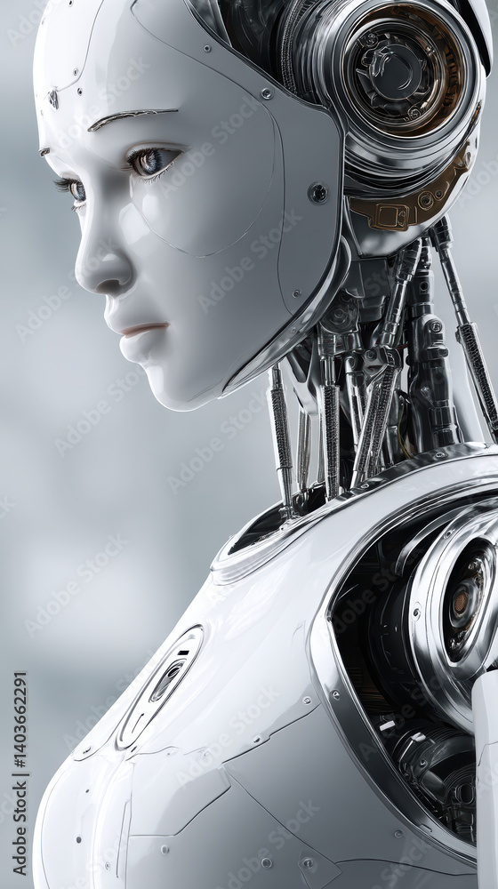 Poster Futuristic humanoid robot features elegance and intricate tech in a minimalist setting