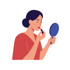 Woman applying lipstick while using a handheld mirror with focused expression