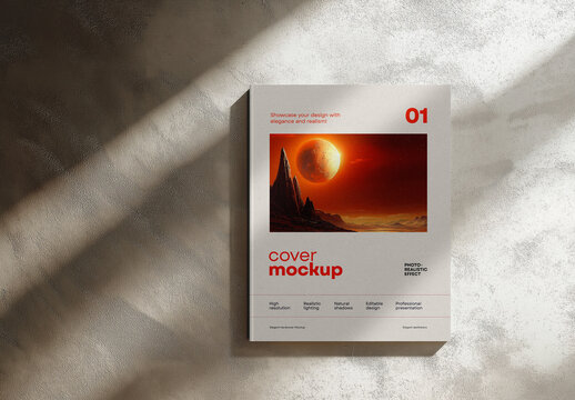 Top-View Hardcover Book Cover Mockup on Artistic Textured Surface with Strong Shadow Play &mdash; Realistic Presentation for Editorial and Print Design