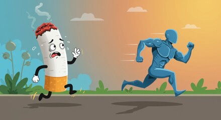 Cartoon Cigarette Running Away From Blue Muscular Figure Showing Escape