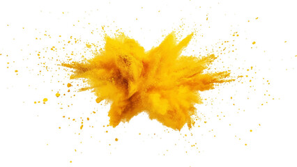 Holi paint explosion of dry yellow paints on a white transparent background.  Colorful holi powder on white background.