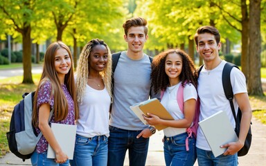 Happy diverse group of teenage students smiling outdoors in park after school, multiracial friendship and academic life