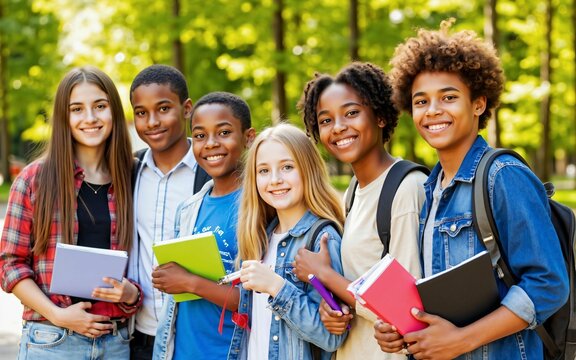 Happy diverse group of teenage students smiling outdoors in park after school, multiracial friendship and academic life - Powered by Adobe