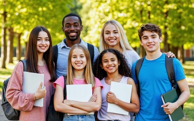 Fototapeta na wymiar Group portrait of cheerful multiracial high school students standing close together in green campus setting