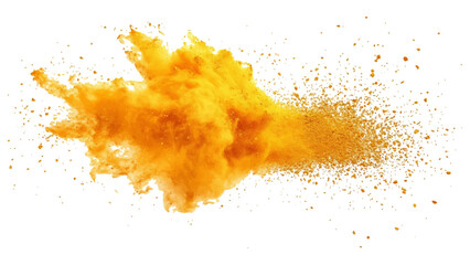 Holi paint explosion of dry yellow paints on a white transparent background.  Colorful holi powder on white background.