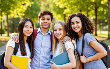 Fototapeta na wymiar Group portrait of cheerful multiracial high school students standing close together in green campus setting