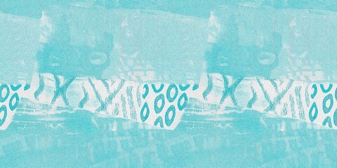 Seamless teal green woven grunge dye border pattern. Irregular beach cottage dye washed out resist banner background. Modern mottled woven style for trendy coastal worn texture tape edging trim.