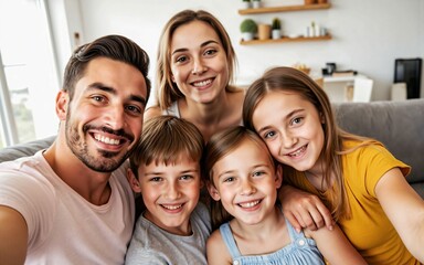 Fototapeta premium Happy modern family taking a selfie together at home, smiling parents with children and relatives bonding in a cozy living room