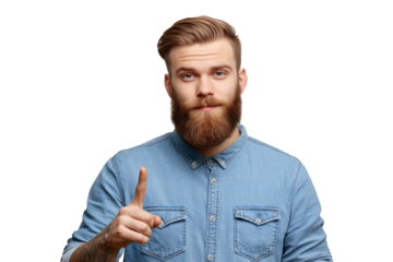 Serious Man in Blue Shirt Pointing with Intent on a Black Background
