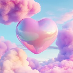 Heart in Pastel Clouds: A iridescent, heart-shaped object floats serenely amidst fluffy pastel pink and purple clouds, evoking feelings of love, serenity, and dreams.