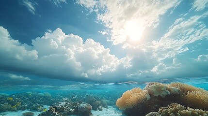 Naklejka premium Underwater Coral Reef with Sunny Sky.