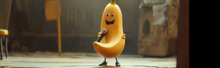 A banana holding a microphone, passionately performing on a tiny stage